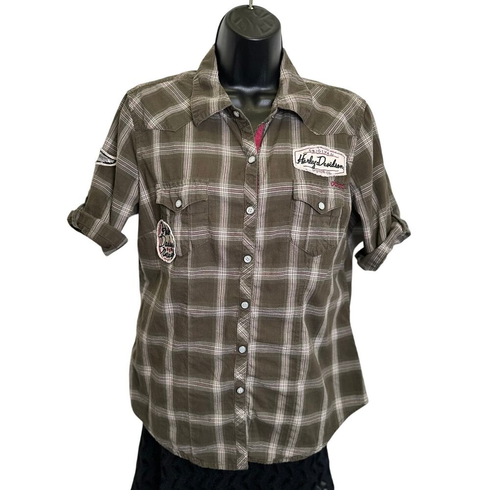 Harley-Davidson Women's Multi-Patch Plaid Snap Button Shirt Brown Biker Large